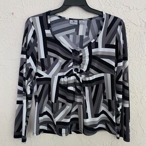 Worthington Y2k Mod Retro Geometric Top Women L Black Gray Long‎ Sleeve Stretch